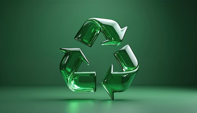 Recycling symbol made of glass against green background. Symbol of environmental protection, waste recycling. Eco awareness concept promoting sustainability. Glass recycling sign eco-friendly