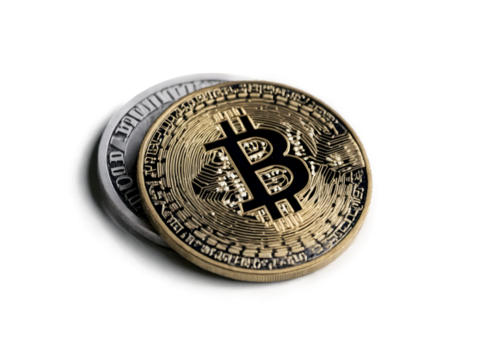 Detailed close up of two bitcoin coins representing digital currency