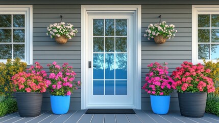 A stylish farmhouse front door with translucent blue glass and crisp white trim, framed by vibrant flower pots on each side