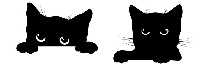 Silhouette of a cat with eyes peering out. Black shadow of cat face with curious eyes. Illustration for design, logos, prints. Playful and funny cat.