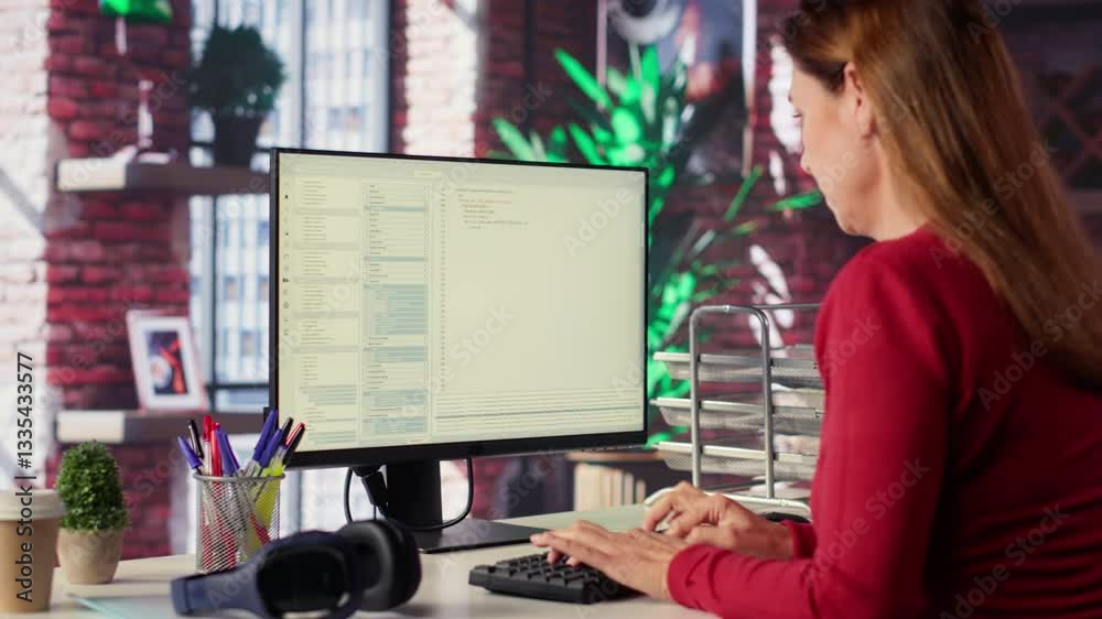 Poster woman engaging with an intelligent ai chatbot to complete work related tasks, working from loft apar