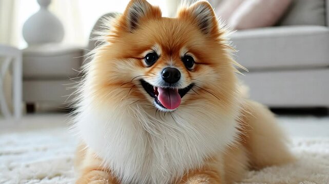 Cute Pomeranian relaxes on a white carpet in the living room, cozy and adorable. Ai Generated