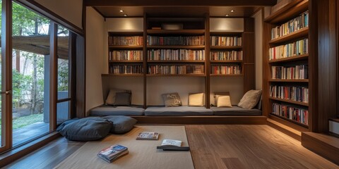 A cozy room with bookshelves and comfortable seating is shown