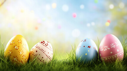 Pastel Easter Eggs on Grass with a Bright Sky