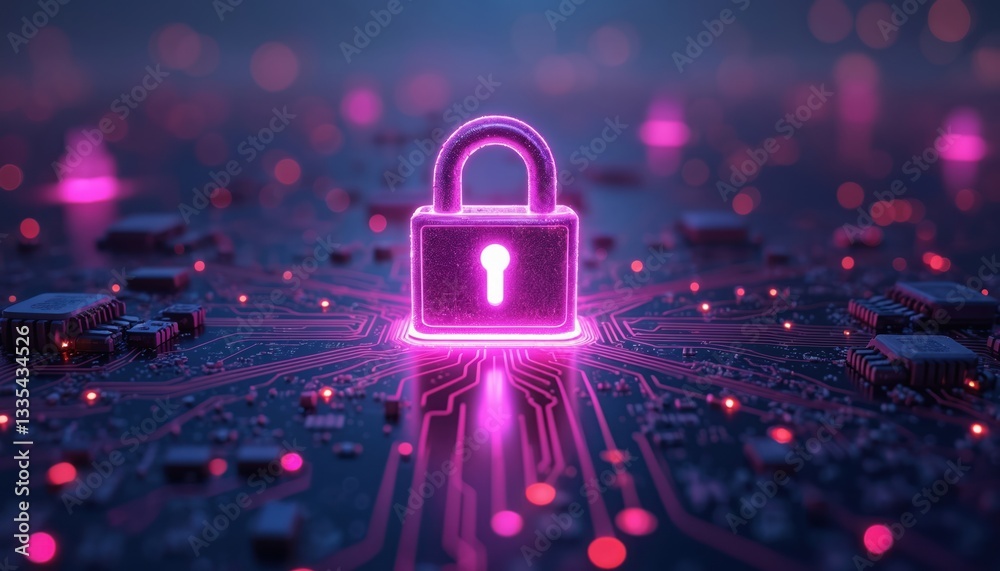 Poster glowing digital lock in futuristic tech landscape at night. cybersecurity, data protection on circui