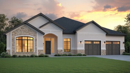 Fototapeta premium A stylish single-story suburban home in a two-tone color scheme, with stone accents that stand out against the soft golden hues of sunset