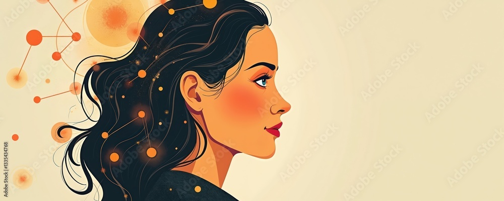 Aufkleber Illustration of woman silhouette face profile with AI neural network brain. Concept of artificial intelligence, machine learning, digital age, neural network. Scientific abstract design, innovation