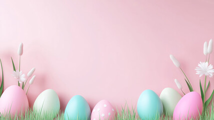 Pastel Easter Eggs in Grass with Pink Background and Flowers