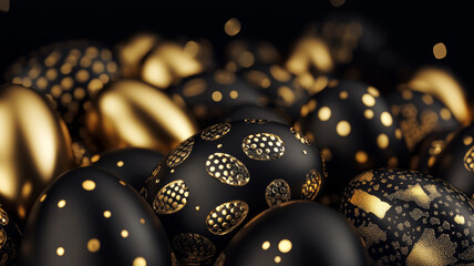 Stylish black and gold patterned easter eggs on dark background