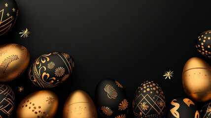 Golden and Black Patterned Easter Eggs on Dark Background, Luxury Border Design