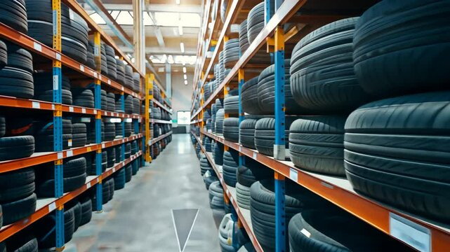 Neatly stacked row of new car tires, Ai Generated