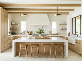 Fototapeta premium A modern bright kitchen features a large island and cabinets