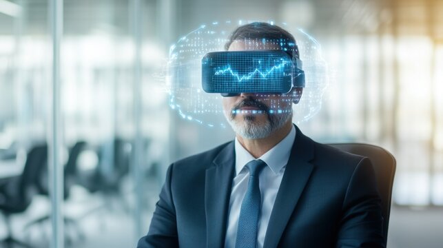 Marketing for law firms and technology consultants. Businessman Wearing Vr Headset Analyzing Data Graph