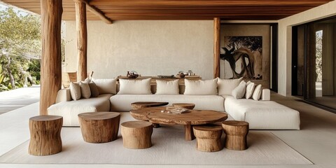 Luxurious open living room with wooden furniture and neutral tones
