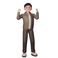 3D illustration of a casual cartoon man in brown dressed. shows hooray or excited winner gesture with both hands