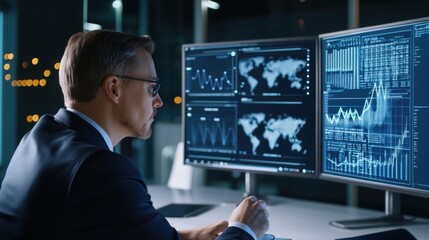 Marketing for law firms and technology consultants. Focused Businessman Analyzing Global Data on Multiple Computer Screens at Night