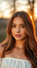 Fototapeta premium A stunning portrait of a young woman with glowing skin, illuminated by warm golden sunlight. She gazes confidently with soft, expressive eyes wearing an elegant off-shoulder dress romantic atmosphere