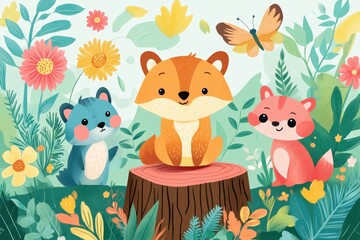 Naklejka premium A cheerful illustration of friendly animals in a flowery garden