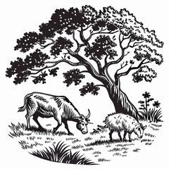 Vector hand-drawn a cow, sheep, and a goat under tree