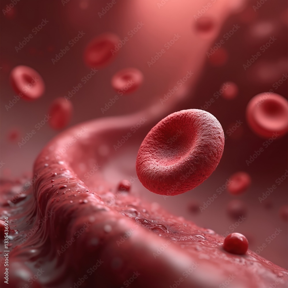 Poster 3d rendering of red blood cells flowing in vein with depth of field. scientific illustration for med