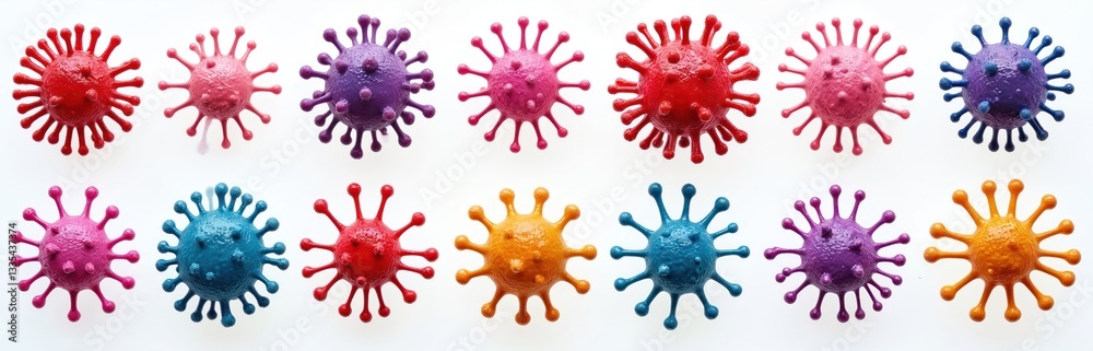 Poster set of colorful viruses germs on white backdrop. microscopic representation of infectious disease ag