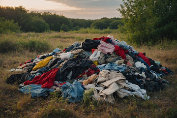 pile of discarded clothes in nature, highlighting fast fashion waste