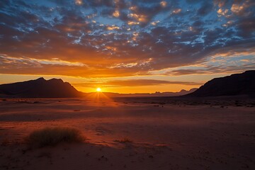Fototapeta premium tranquil beauty of a desert sunrise as mystic gleam of dawn brushes endless dunes marking onset of a brilliant new day 