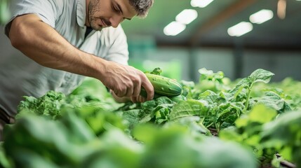 Fototapeta premium A man examines a cucumber among the growing leafy green vegetables
