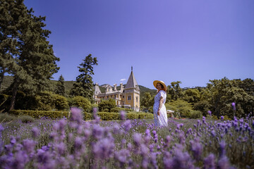A woman is standing in a field of purple flowers