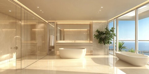 A modern luxurious bathroom with beautiful ocean view included