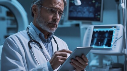 A doctor using a tablet in a hospital setting environment