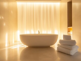 Fototapeta premium A modern bathroom features a white bathtub and towels arranged neatly