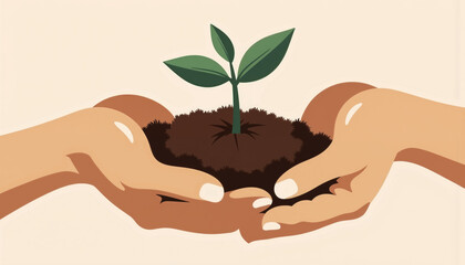 Illustration of hands cradling compost soil with a young plant representing eco-friendly gardening and sustainability