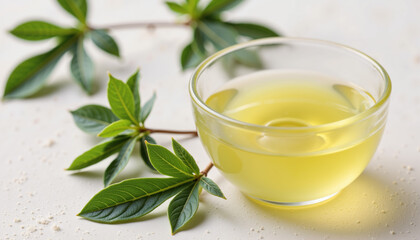 Glass cup with freshly extracted tea tree oil and green leaves for natural skincare and hair care