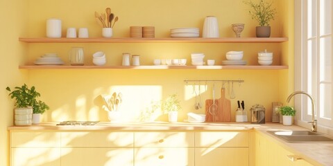 A bright and sunny yellow kitchen with various dishes and plants