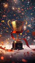 Photorealistic render of a golden trophy through a finish line ribbon, confetti in the air, dramatic lighting, shallow depth of field, in heavy snow background, motion capture style,
