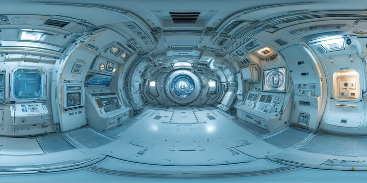 Ultra-wide panoramic 360-degree equirectangular HDRI image of a massive space station interior, 