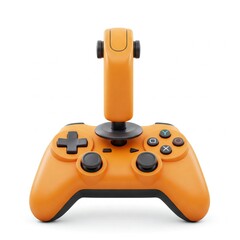Realistic orange video game joystick on white background. 3D rendering of streaming gear for cloud gaming and gamer workspace concept