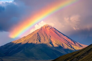 wondrous spectacle of a rainbow crossing a mighty mountain offers a union of radiant shades a soaring peak and spellbinding allure when nature’s splendor merges with fleeting charm  
