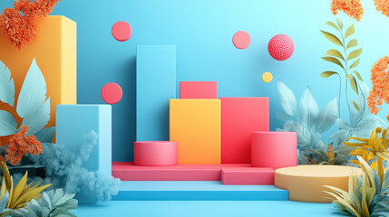 Pastel Claymorphism Scene. Claymorphism style 3D render of pastel podiums, spheres, and plants against a light blue backdrop ideal for product presentations.