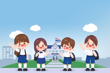Cute cartoon student in uniform back to school. Thai school uniform premium vector.