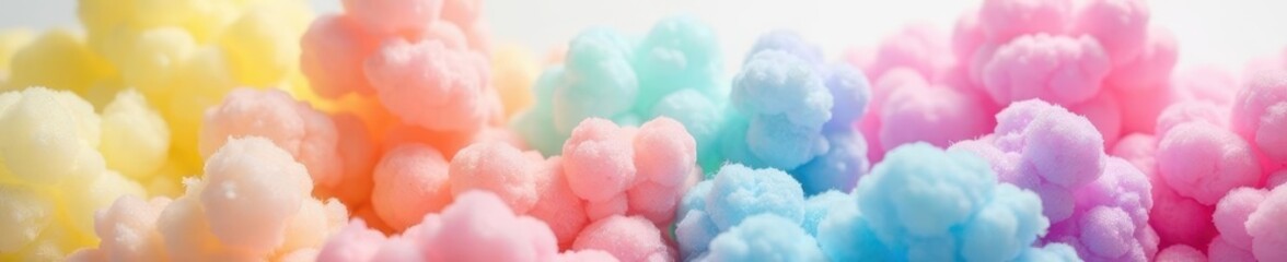 Close-up of rainbow-hued cotton candy, soft focus, white backdrop, colorful, delicate