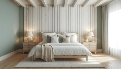 Wood bedside cabinet near bed with beige blanket. Farmhouse interior design of modern bedroom with lining wall and beam ceiling.