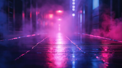 Dark empty street scene with neon reflections and searchlight through smoky haze