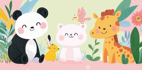 Adorable illustrations of smiling animals with colorful background and vegetation