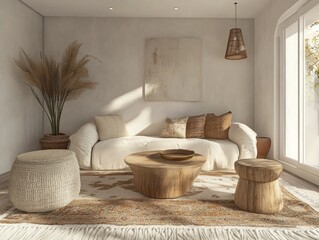 A modern living room showcases natural elements and neutral colors