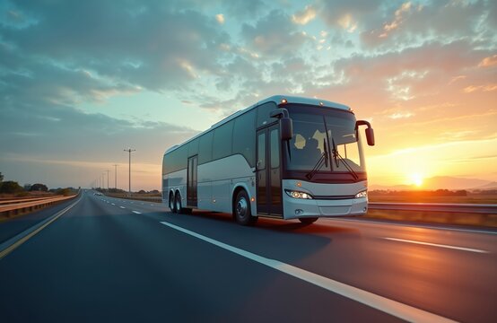 Intercity bus cruises highway at sunset. Passenger transport vehicle travels intercity route. Public transportation automobile service, destination travel, vacation trip, bus station. European tour
