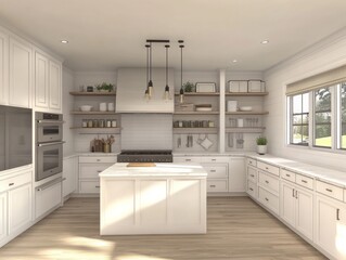 Fototapeta premium A bright and modern kitchen featuring white cabinets and island