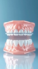 Dental health, dental clinics, and educational content about oral care. 3D Render of Teeth with Braces on Blue Background