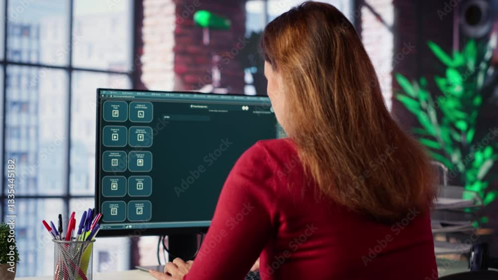 Poster online interaction with an ai chatbot system on a desktop setup, woman using technology evolution, v